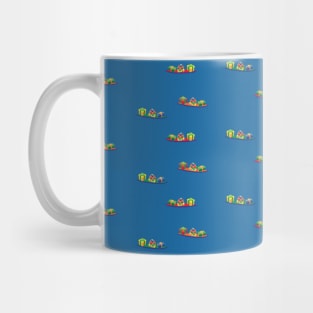 Gift boxes on surfboards floating in the ocean. Christmas presents on surfboards. Fun Christmas print. Mug